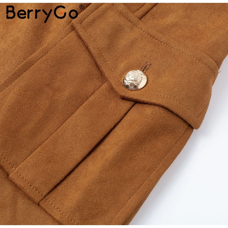 BerryGo элегантная замшевая мини-юбка трапециевидной формы с карманами, Женская однобортная юбка с высокой талией, Женская Повседневная модная Осенняя юбка