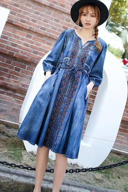 Ancient Style Teens Girls Denim Dress Embroidery V-neck Elastic Waist Fashion Casual Temperament A-line | Женская одежда