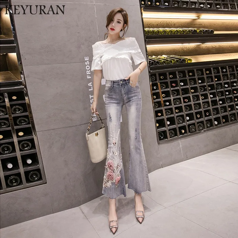 Boyfriend Women Appliques Embroidery Jeans Female High Waist Denim Flare Pants Slim Elastic Heavy Industry Trousers Korean style |