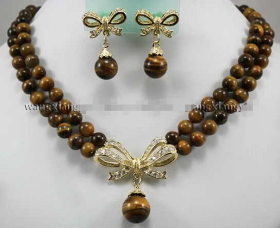 

2Rows Tiger's Eye Round Beads Natural stone Pendant Necklace earrings set AAA