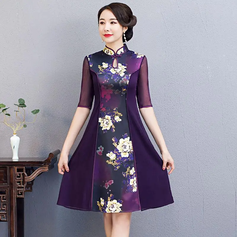 Пикантные короткие Cheongsam Лето г. Винтаж китайский стиль платье Модные женские Мини Qipao Тонкий Вечерние платья с пуговицами Vestido S-3XL - Цвет: Фиолетовый