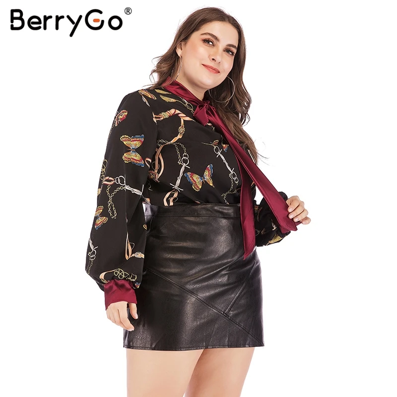BerryGo Винтаж цепи печати черный плюс размеры блузка рубашка для женщин 2019 на лето и