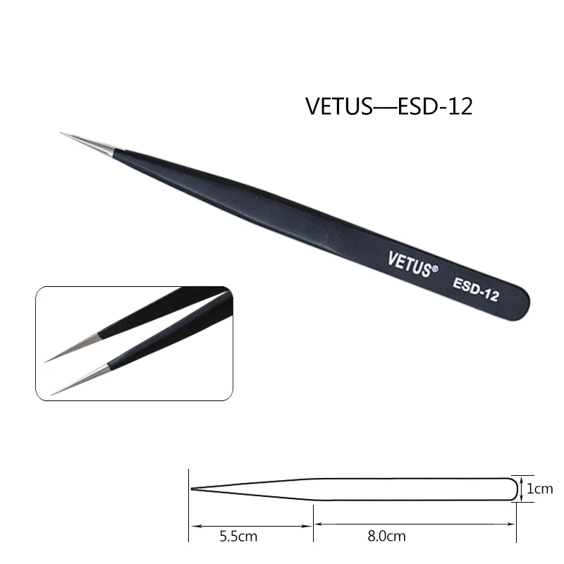 esd-12 2 шт., оригинальные антистатические пинцеты vetus из нержавеющей стали, антистатические пинцеты ESD-10, 11,12, 13,14, 15,16, 17 пинцетов для наращивания ресниц - Длина: esd-12