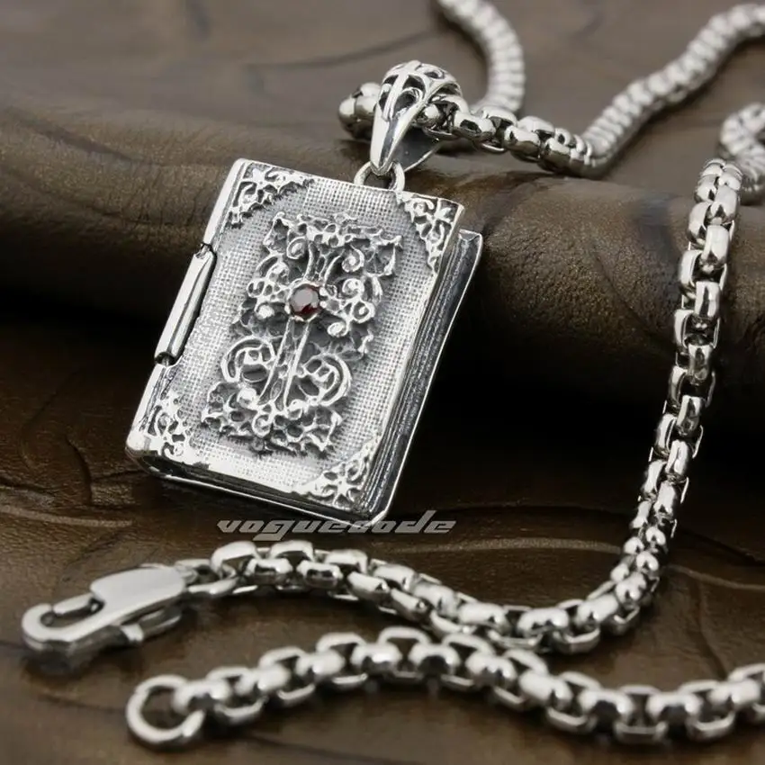 Pendant and 24 inch LINSION 925 пробы Серебряный Открывающийся кулон из священной Библии Красный CZ камень крест мужской кулон 8P017 - Окраска металла: Pendant and 24 inch