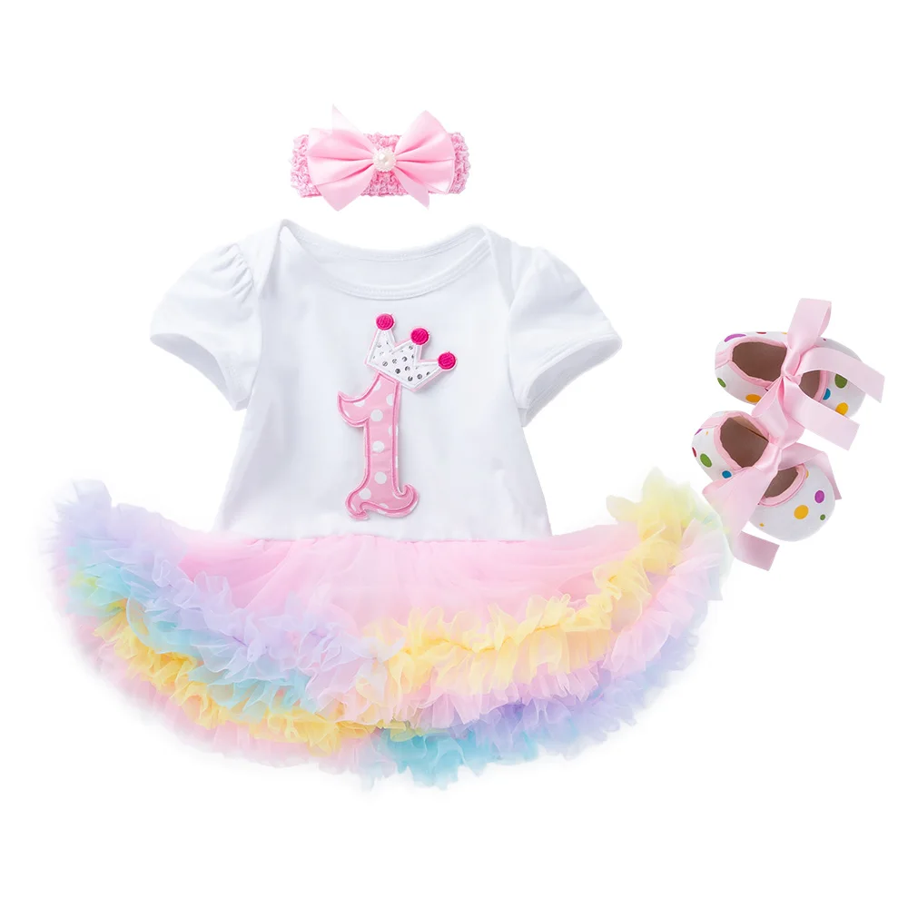 

Baby Girl's Short Sleeve 100% Cotton Colorful Skirts Rompers+Flowers Turban+Shoes 3PCS Clothing Sets Rompers Summer Clothing Set
