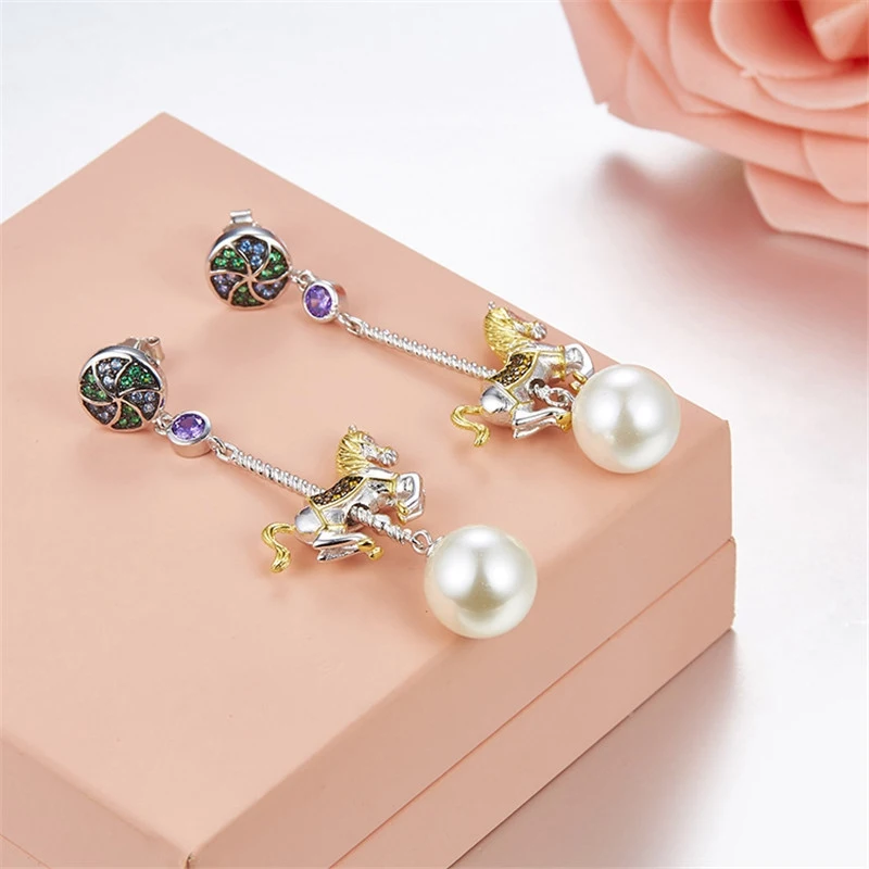 earring Роскошные 925 пробы сережки-гвоздики с жемчугом, карусель, лошадь, ювелирный набор для женщин, свадебные ювелирные изделия из циркона ААА - Окраска металла: earring