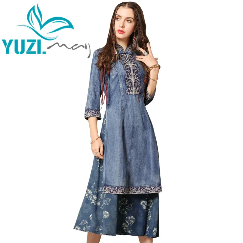 

Summer Dress 2019 Yuzi.may Boho New Denim Women Dresses Mandarin Collar Half Sleeve Flower Embroidery Cheongsam A82136 Vestidos