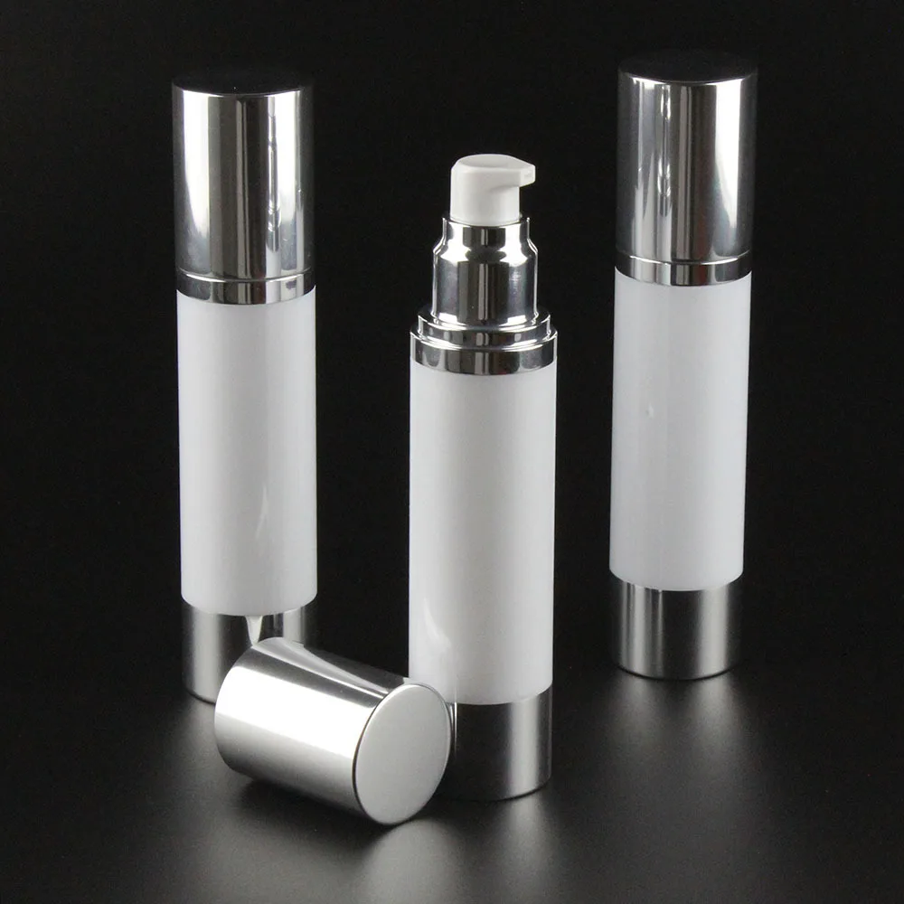 50 мл белая безвоздушная бутылка белый корпус блестящий серебристый