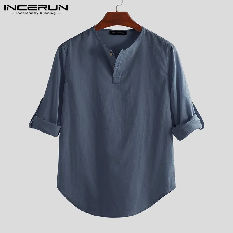 Navy Shirt INCERUN, модные мужские рубашки с длинным рукавом, хлопок, одноцветная Повседневная Базовая рубашка, мужские топы, досуг, пуловеры для фитнеса, Camisa размера плюс - Цвет: Navy Shirt