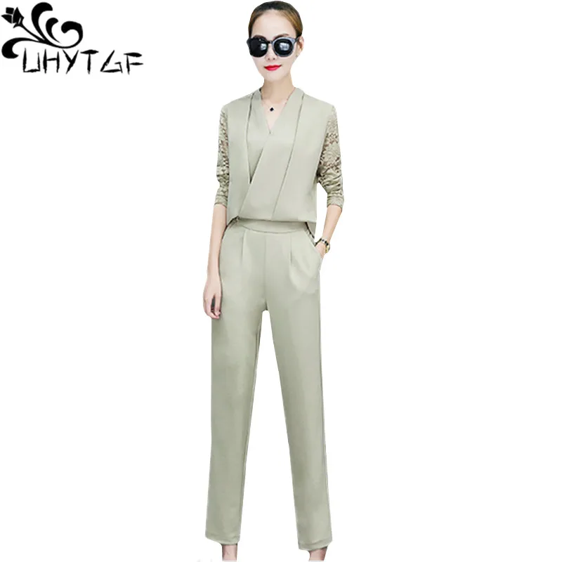 

UHYTGF Casual women's sets Fashion splice Lace v-neck pullover top trousers Spring 2 peice set Temperament women elegant set 390