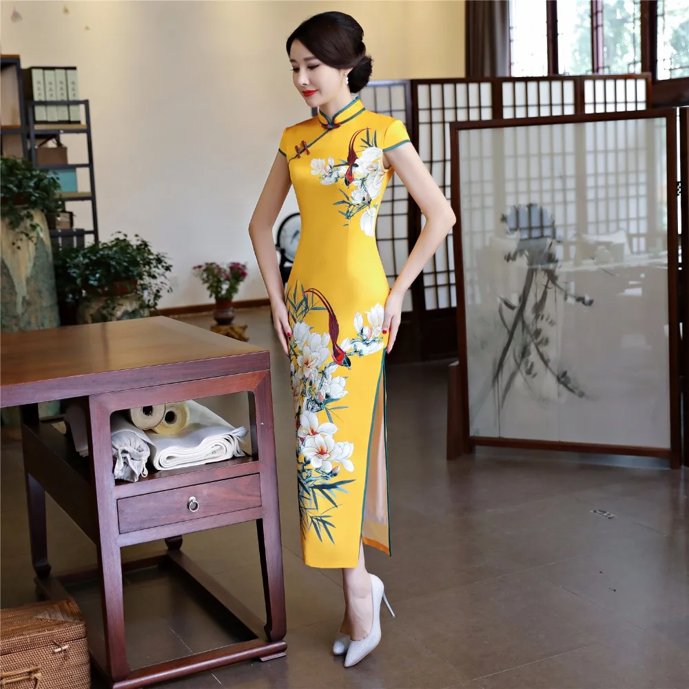 Шанхай история искусственного шелка Qipao Платье длинное Cheongsam национальный тренд платья короткий рукав тонкий Традиционный китайский платье для женщин