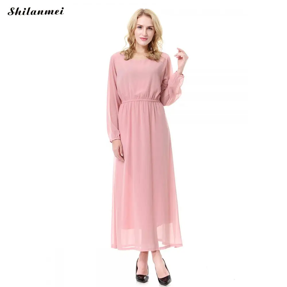Женское шифоновое мусульманское платье макси с длинным рукавом Musulman Abayas розовое