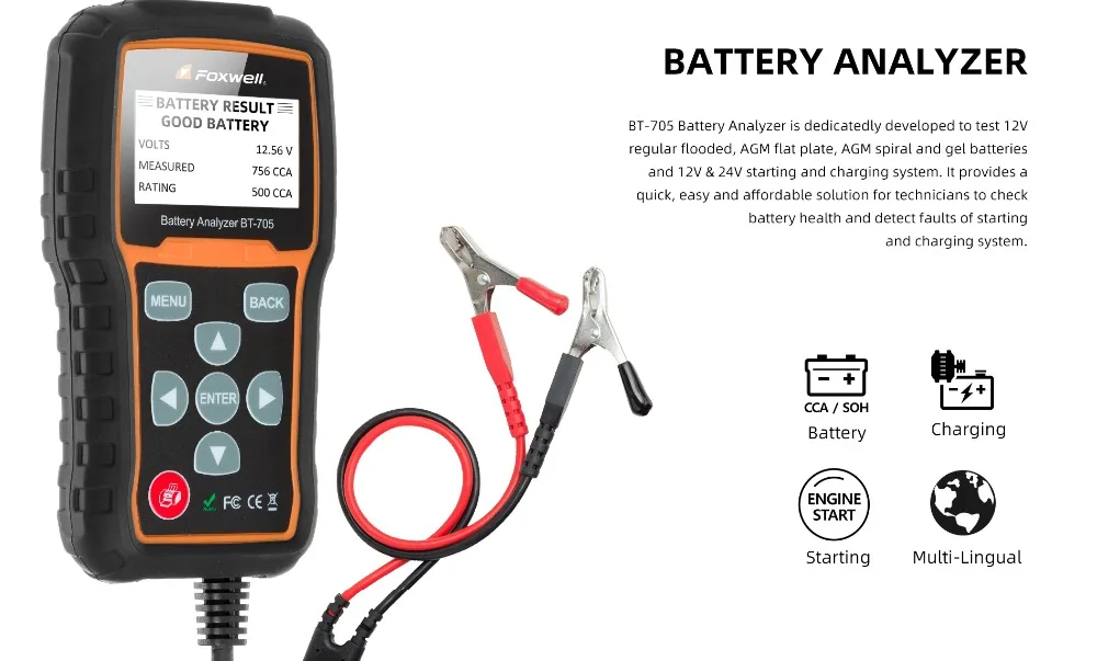 FOXWELL BT705 100-2000CCA Батарея анализатор тестер для автомобилей грузовых автомобилей малой грузоподъемности 12 V-24 V автомобиля сгибать и зарядки Системы диагностический инструмент