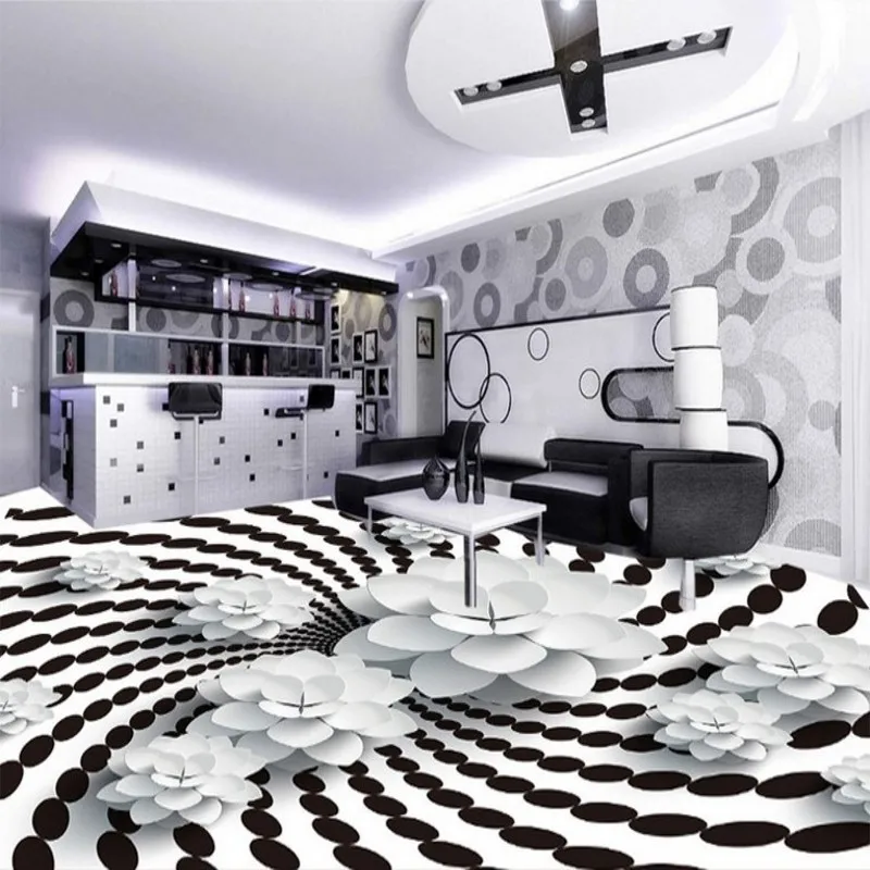 

beibehang Large custom flooring stickers vector fresh black and white three - dimensional flowers rotating 3D floor painting