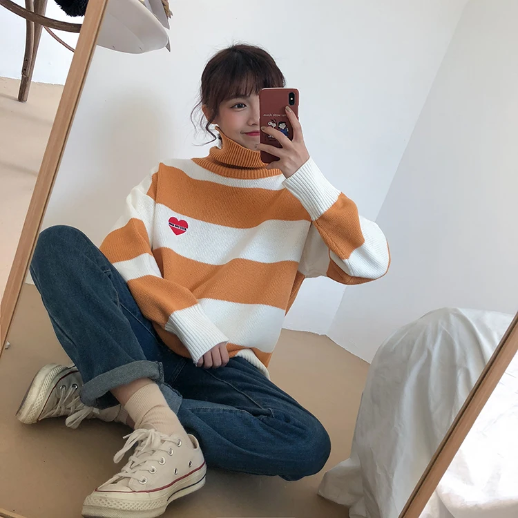 3 colors autumn and winter korean style candy color love stripe knitted turtleneck sweaters womens pullovers (F1348) | Женская одежда