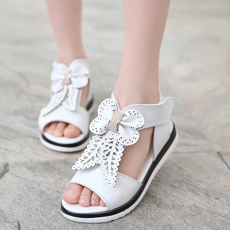 Princess Genuine Leather Sandals Size 26-37 Pink White Flats Beach Shoes Bowknot Flower High Quality Fashion Sandalias | Детская одежда