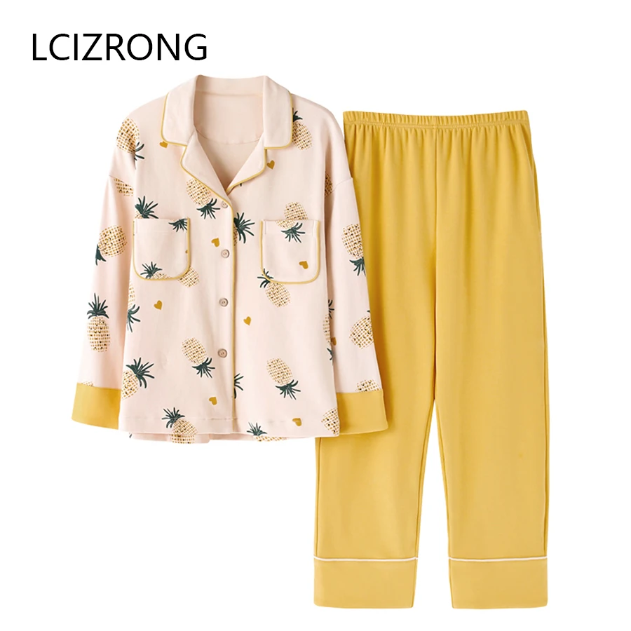 

Spring 10 Colors Cotton Long Pajamas Set Women Cute Fruits Print M-3XL Big Size Nightgowns Soft Home Sleepwear Lingerie Female