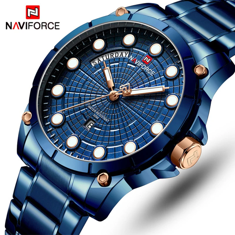NAVIFORCE бизнес для мужчин повседневные часы синий нержавеющая сталь аналоговый