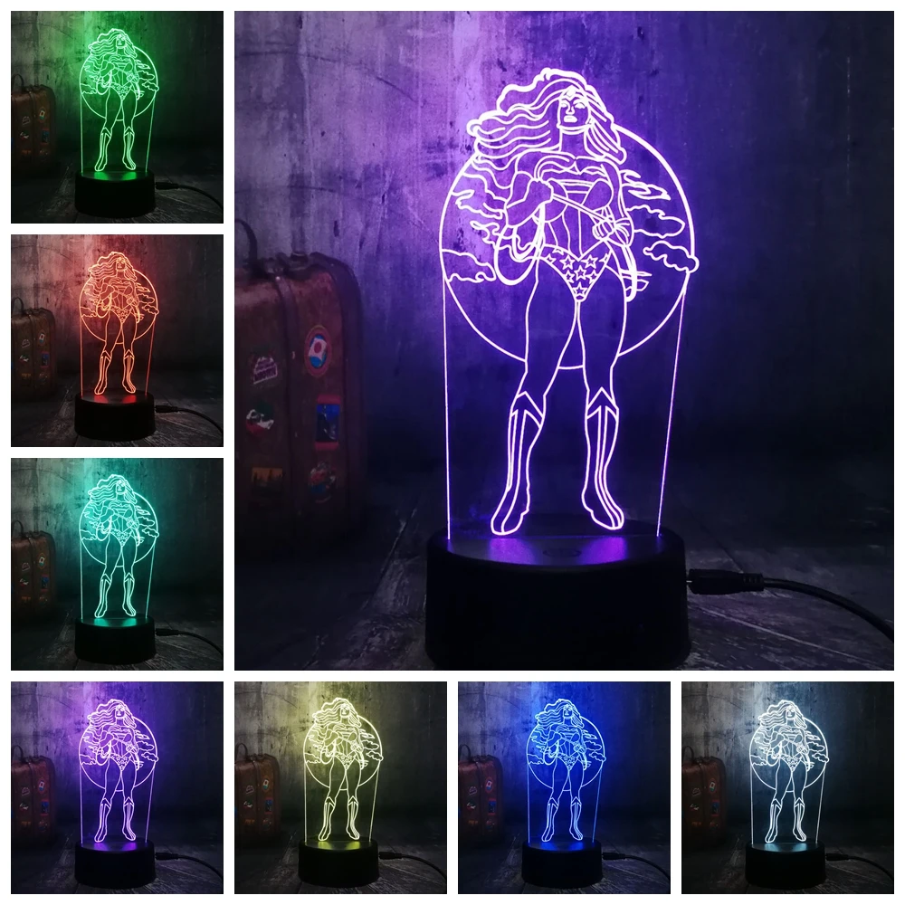 Новый Ночной светильник крутая чудо женщина DC Super Hero 3D LED RGB 7 цветов настольная