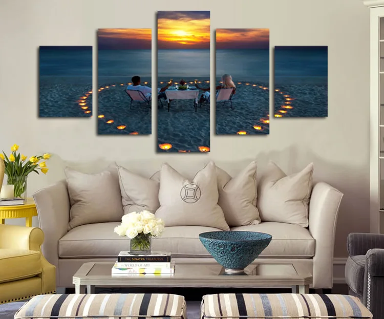 

CLSTROSE Unframed 5 Panels Sunset Seascape Scenery Picture Print Painting Modern Canvas Wall Art For Home Decor Love Heart