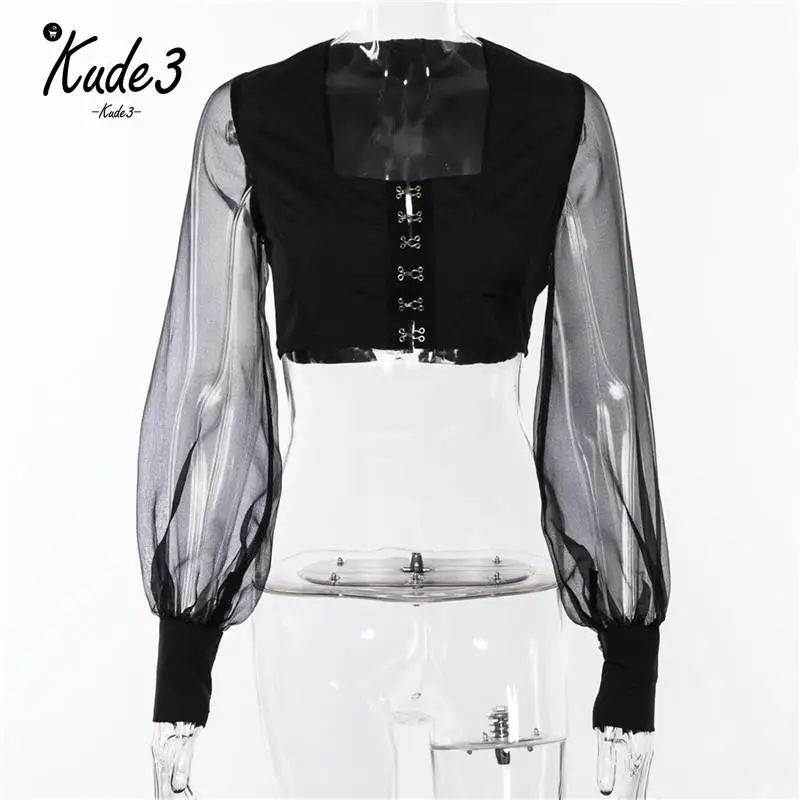 Пикантные прозрачные блузки с квадратным воротником Модная Повседневная Блузка