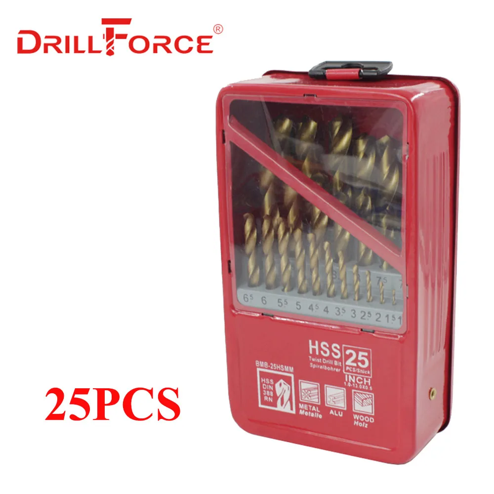 25PCS(1-13mm) DRILLFORCE 13/19/25 шт. HSS M2 Титан покрытием алмазное сверло для деревообрабатывающий сверлильный биты 1,0~ 13 мм Мощность инструменты аксессуары - Цвет: 25PCS(1-13mm)