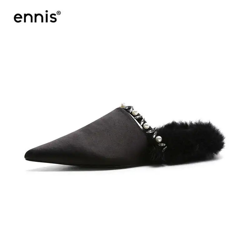 Black ENNIS/Коллекция года; женские шелковые туфли без задника с острым носком; женские модные шлепанцы с жемчугом и кристаллами; европейские дизайнерские меховые мокасины; Новинка; M705 - Цвет: Black
