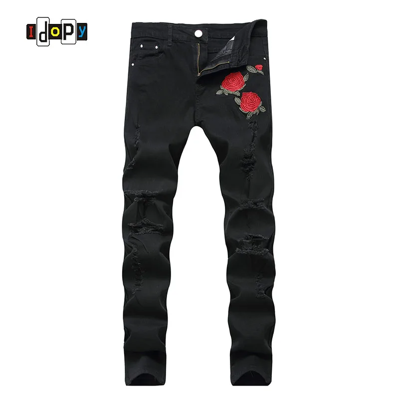 

Fashion Mens Floral Embroidery Black Jeans Distressed Ripped Denim Pants Straight Fit Trousers With Hole For Male