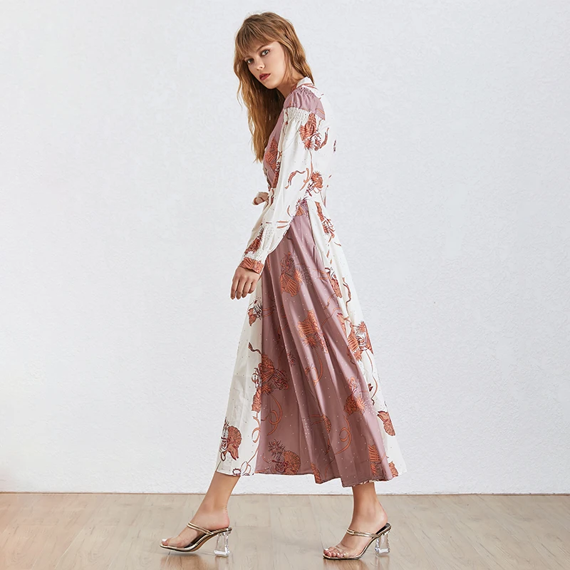 TWOTWINSTYLE Summer Print Dress Female V Neck Lantern Sleeve Bandage Bow Asymmetrical Dresses Women Fashion New Bohemian Style | Женская