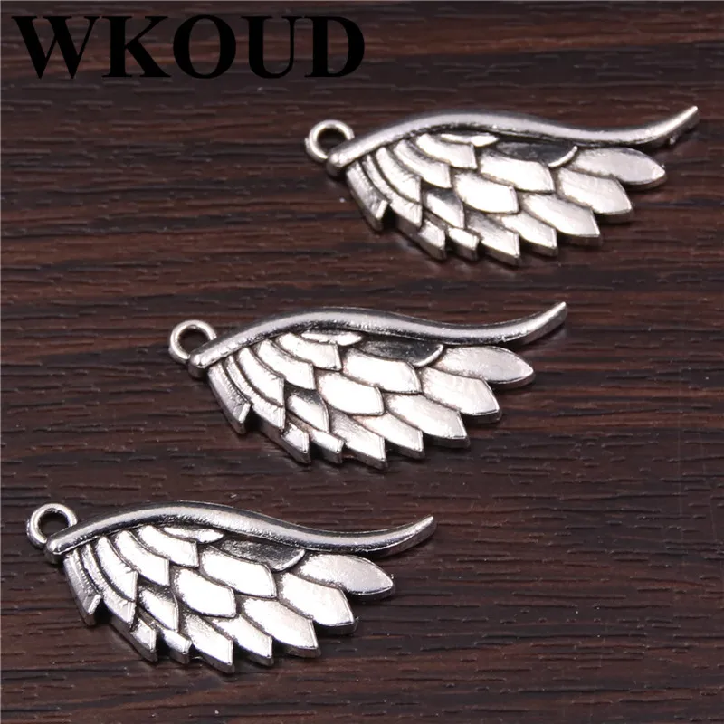

10pcs Silver Plated Angel Wings Pendants Retro Bracelet Necklace DIY Charm Metal Jewelry Handicraft Making 13*31mm A254