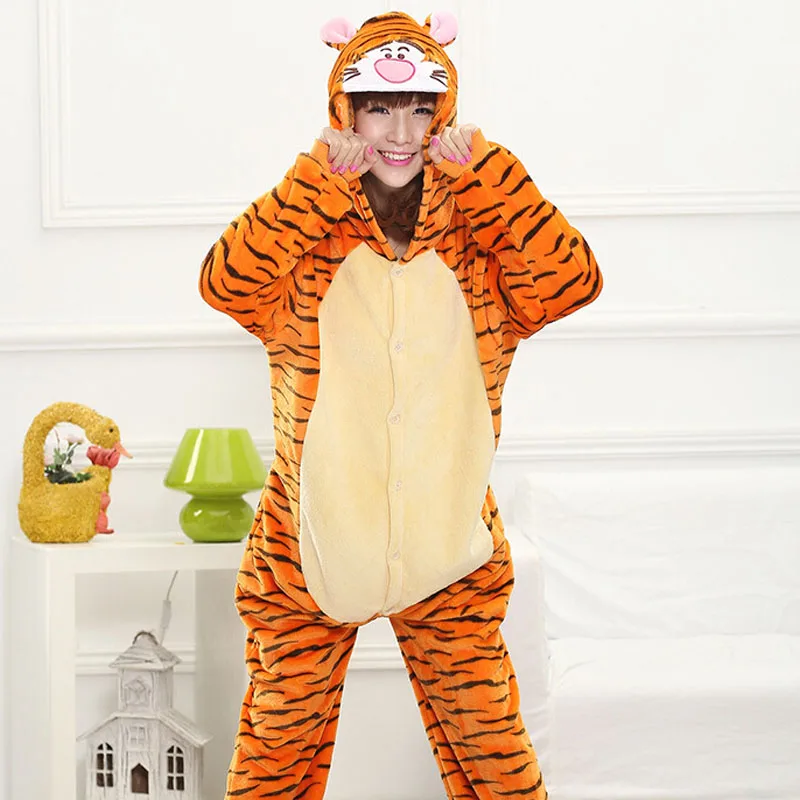 Тигр Жираф Onesie взрослых для женщин животных единорог пижамы фланелевые теплые
