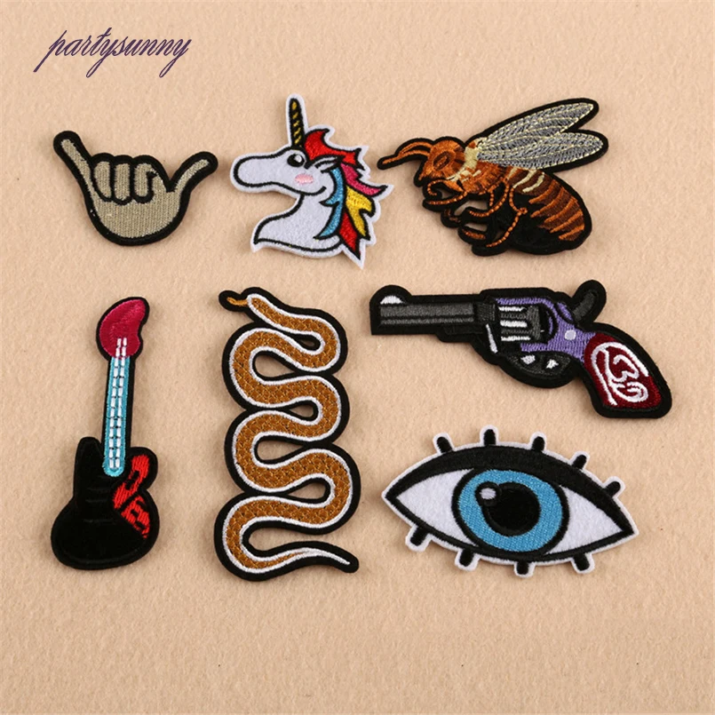 PF 7 шт./лот Единорог Гитара Вышитые Патчи Пришить Патч Значки Stripes для Одежды Мешок