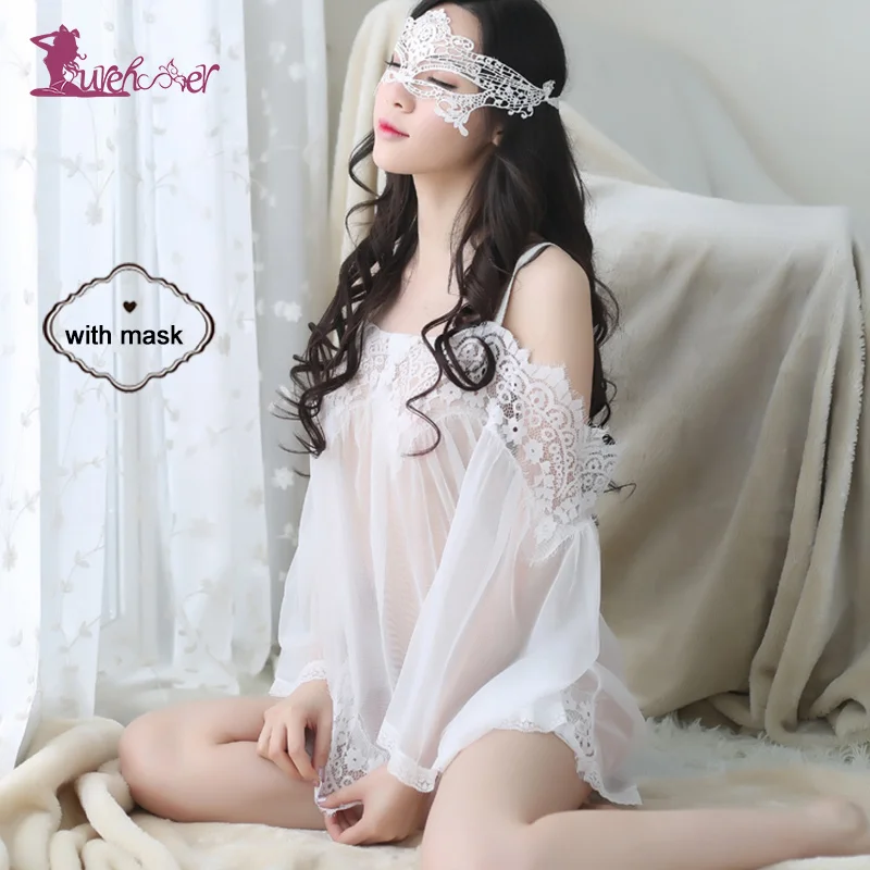 Withe with mask Lurehooker, сексуальное кружевное эротическое белье, прозрачное, Марлевое, с открытыми плечами, сексуальные костюмы, вышивка, спящий слинг, платье+ Т-стринги - Цвет: Withe with mask