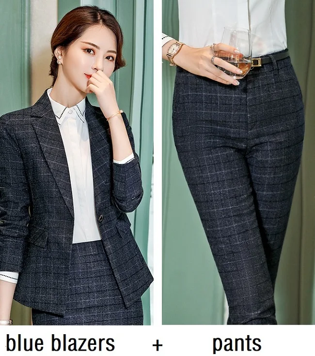 blue blazers pants Женские костюмы, тонкие весенние клетчатые блейзеры и брюки, комплект из 2 предметов, деловые Деловые женские брючные костюмы, женские костюмы 652 - Цвет: blue blazers pants