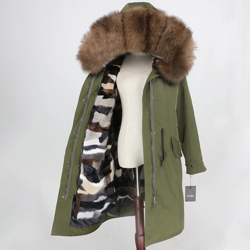 OFTBUY X-длинное пальто с натуральным мехом, зимняя куртка, Женская парка с натуральным мехом, подкладка из меха норки, воротник из меха енота и лисы, капюшон, теплая уличная одежда - Цвет: green brown