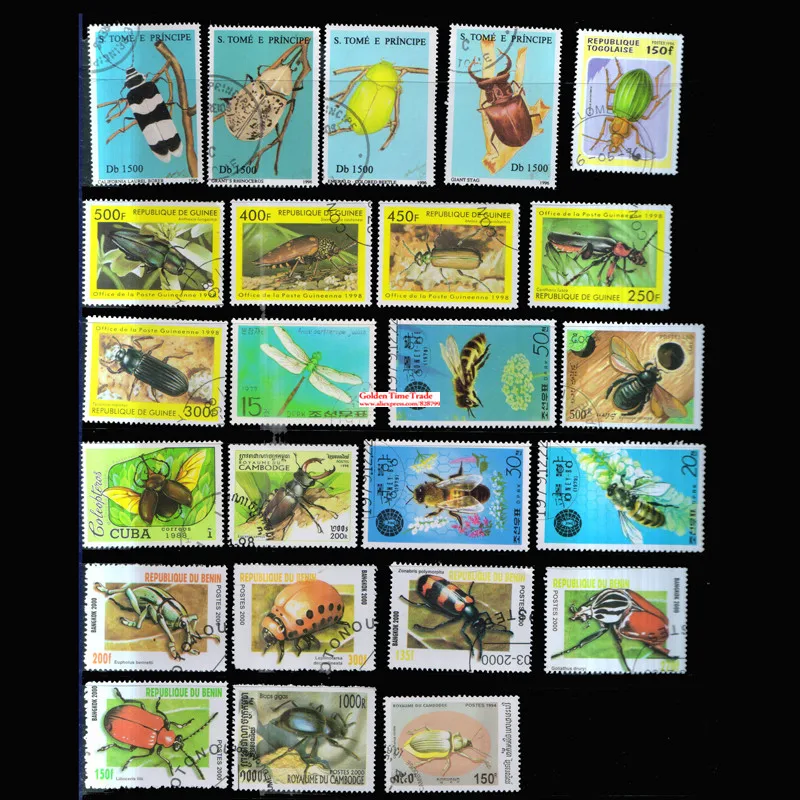 Насекомые 50 шт./лот все разные неиспользованные с почтовыми марками по всему миру