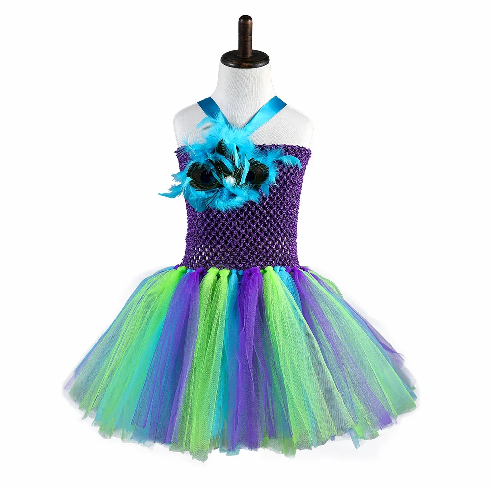 

Princess Girls Peacock Dress For Birthday Party Handmade Feather Halloween Cosplay Baby Girls Fluffy Tulle Tutu Dress 2-10Y
