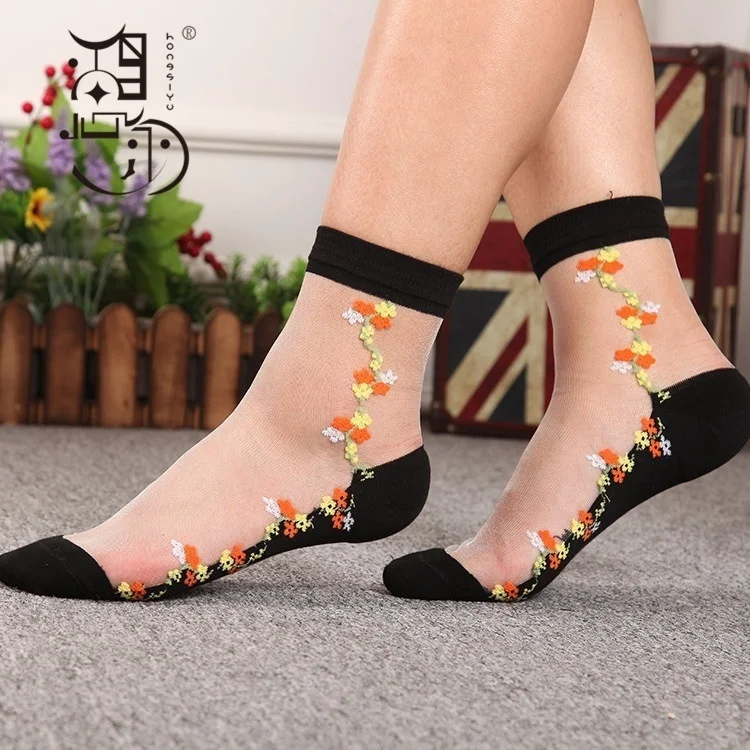 Кружевные носки с цветочным принтом женские летние шелковые короткие