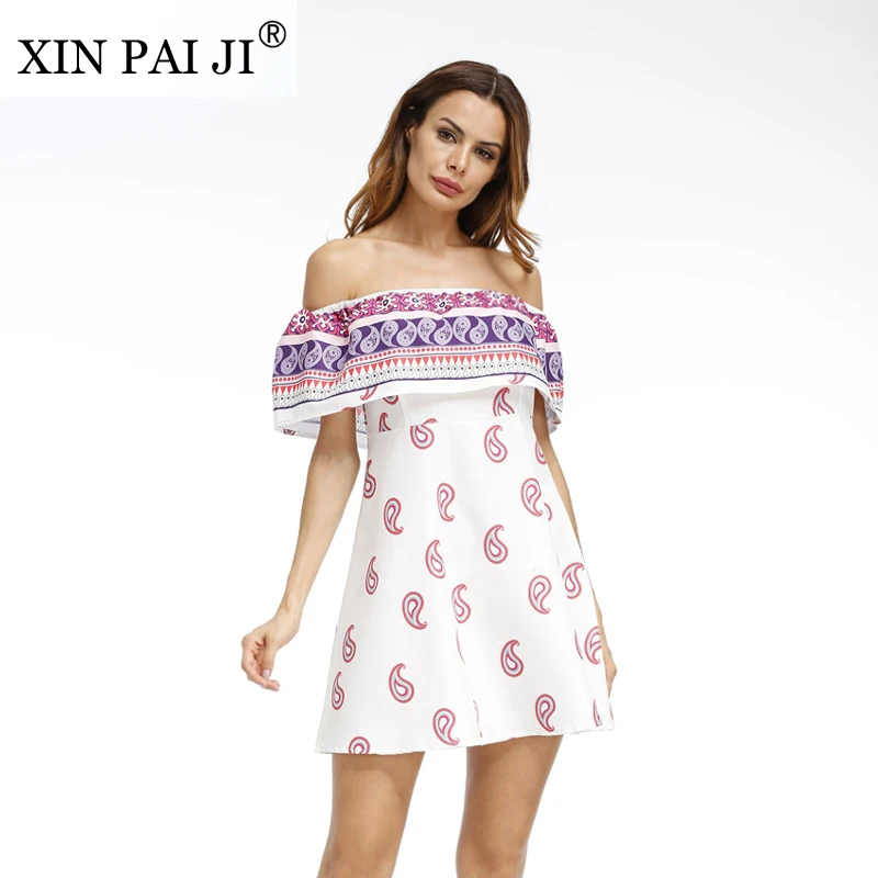 XIN PAI JI New 2017 Vintage Printed Beach Summer Dress Women Slash neck Casual Zipper Off Shoulder A Line Mini | Женская одежда