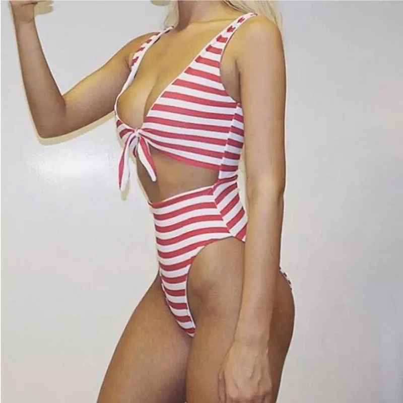 Женский пляжный купальник с вырезами сексуальный в полоску бантиком пляжная