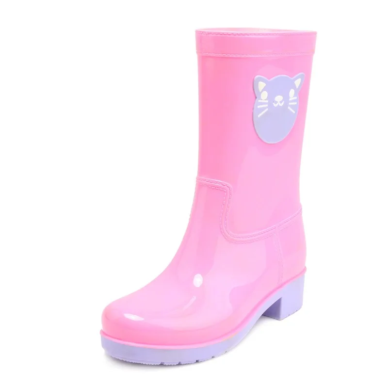 Cat Pink DRIPDROP Резиновые сапоги из ПВХ Водонепроницаемые Непромокаемые Женские ботинки до середины икры Одноцветные Яркие Аппликации - Цвет: Cat Pink