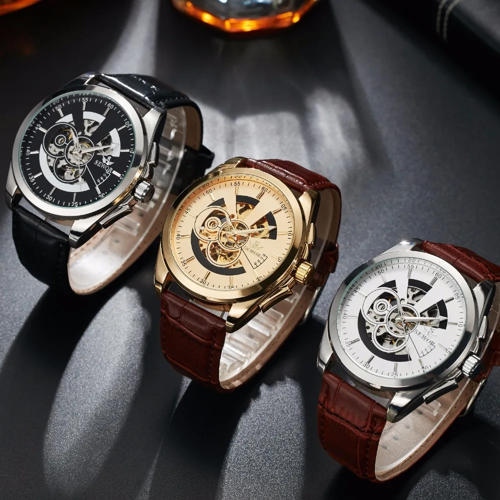 Часы SEWOR мужские деловые автоматические с кожаным ремешком | Наручные часы