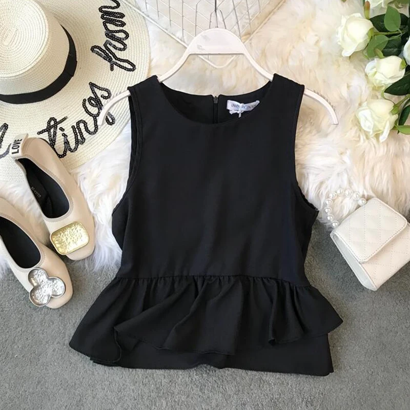 Шифоновая летняя одежда для студентов 2019 Женская Однотонная рубашка в Корейском