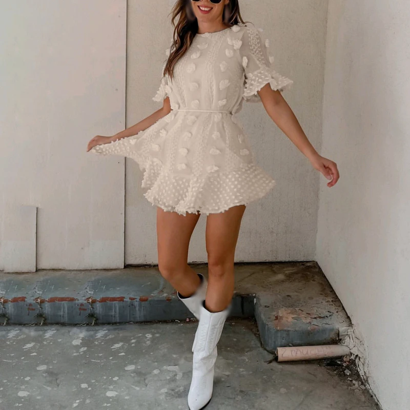 Ruffled Mini Dress Summer Women's Round Neck Short Sleeve Embossed Holiday Beach | Женская одежда