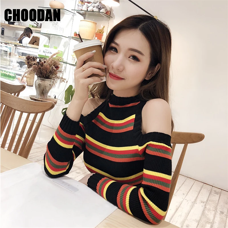 Knitting Sweater Women Sexy Off Shoulder Long Sleeve Autumn Winter Fashion 2018 New Striped Sweaters And Pullovers Fitness Shirt | Женская