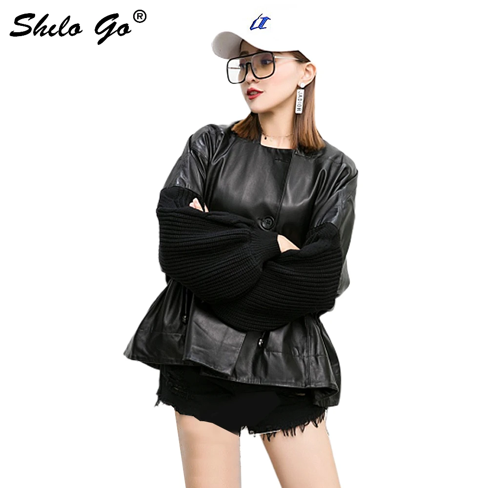 Женское кожаное пальто 4XL повседневное весеннее однобортное с плиссированной