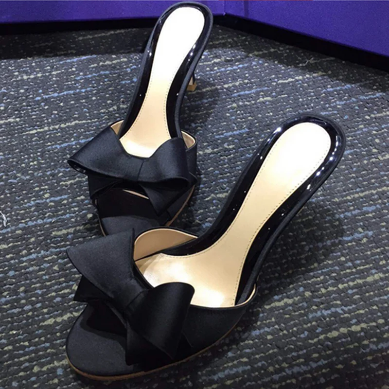 2021 Summer Shoes Woman Big Bow Thin High Heels Slippers Peep Toe Mules Lady Slides Shoes Plus Size 43 Black Red Women Sandals