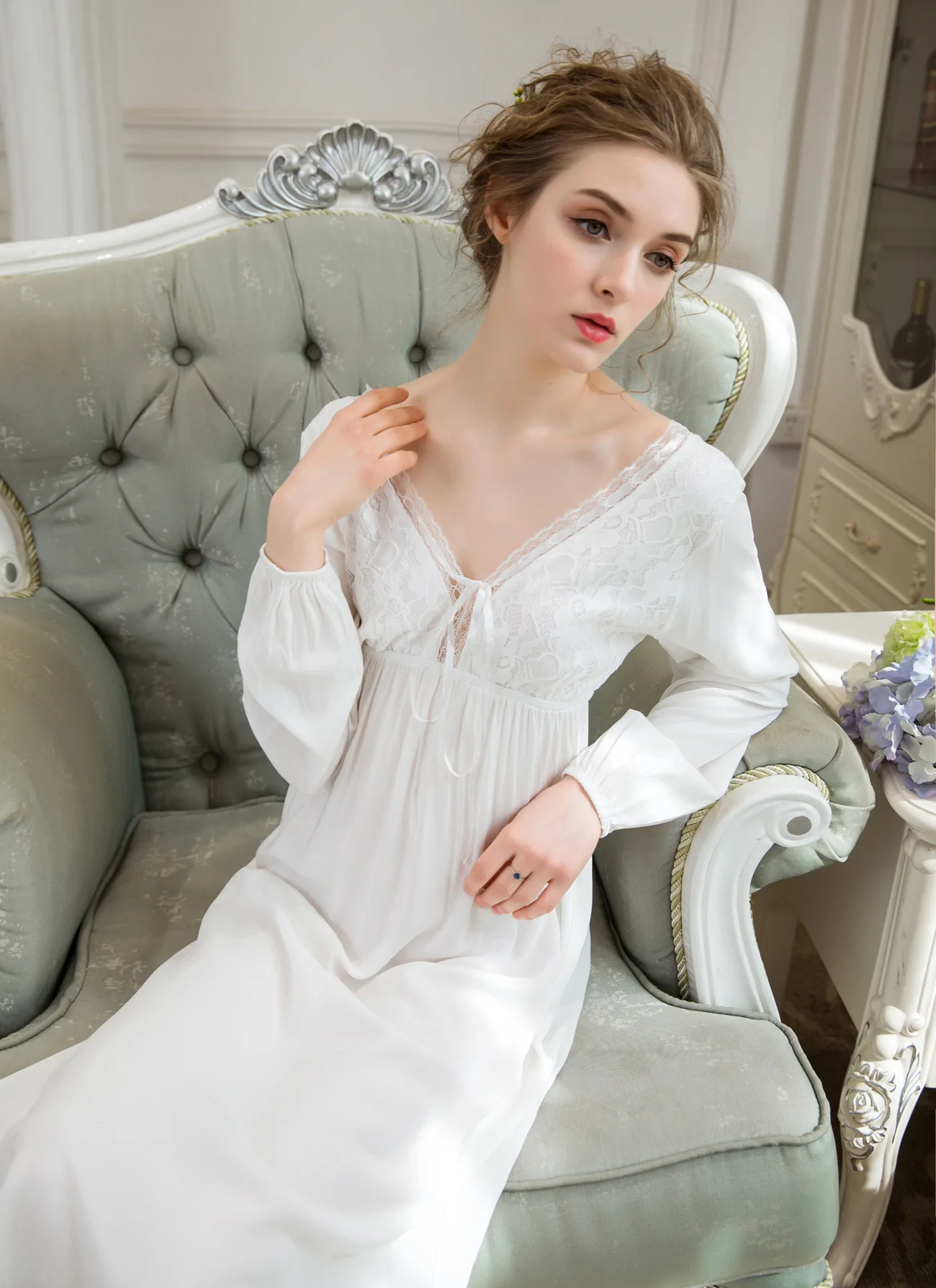 Women Long Nightgown White Sleepwear Night Dress Cotton Long Sleeve Night Gowns Female Lace Princess Nightdress Home Dress
