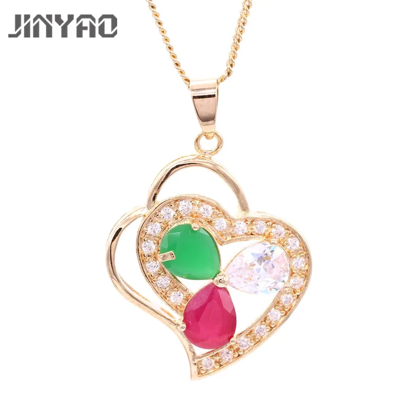 JINYAO Модный золотой цвет очарование зеленый камень красный AAA циркон сердце кулон
