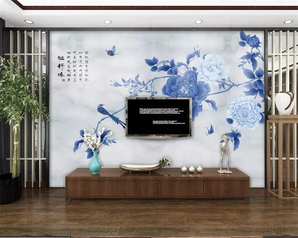 Beibehang Custom wallpaper Chinese Hand-painted pen Peony Birds and flowers Marble TV backdrop Home Decoration 3d | Обустройство дома